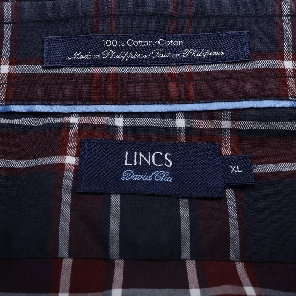 Lincs‎ David Chu Mens XL Navy Blue Burgundy Plaid Cotton Button Down Shirt LS